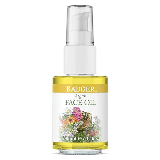 Badger Argan Face Oil, Organic Facial Moisturizer for All Skin Types, Deep Nourishment, Quick Absorption, Moisturizing Facial Oil, 1 fl oz Glass Bottle