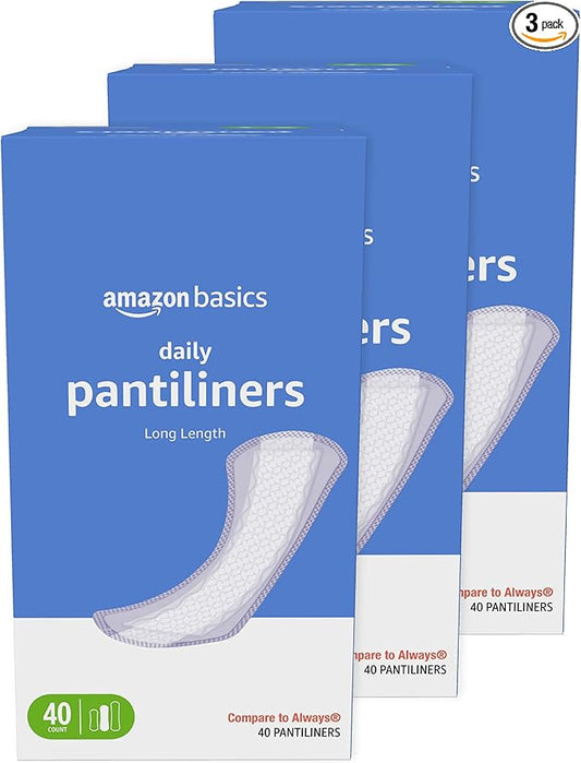 Amazon Basics Daily Pantiliner, Long Length, Pads for Women, Unscented, 120 Count (3 Packs of 40) (Previously Solimo)