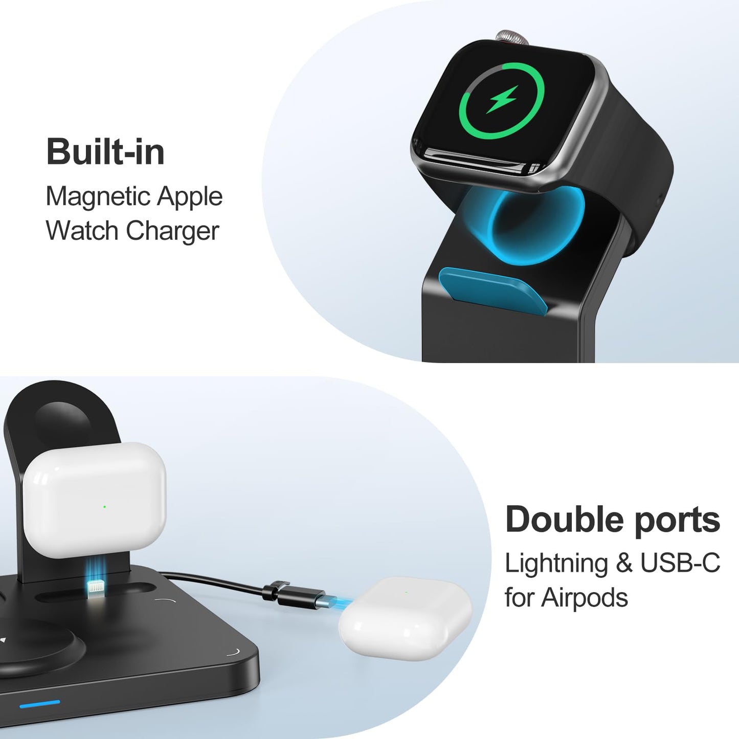 ANJANK Wireless Charging Station,5 in 1 Multiple Charger Stand with Alarm Clock,7 Night Light,Mag-Safe Charging Dock for iPhone 16 15 14 13 12 11 Pro Max Plus,Apple Watch10/9/8/7,for Airpods,Bedrooms