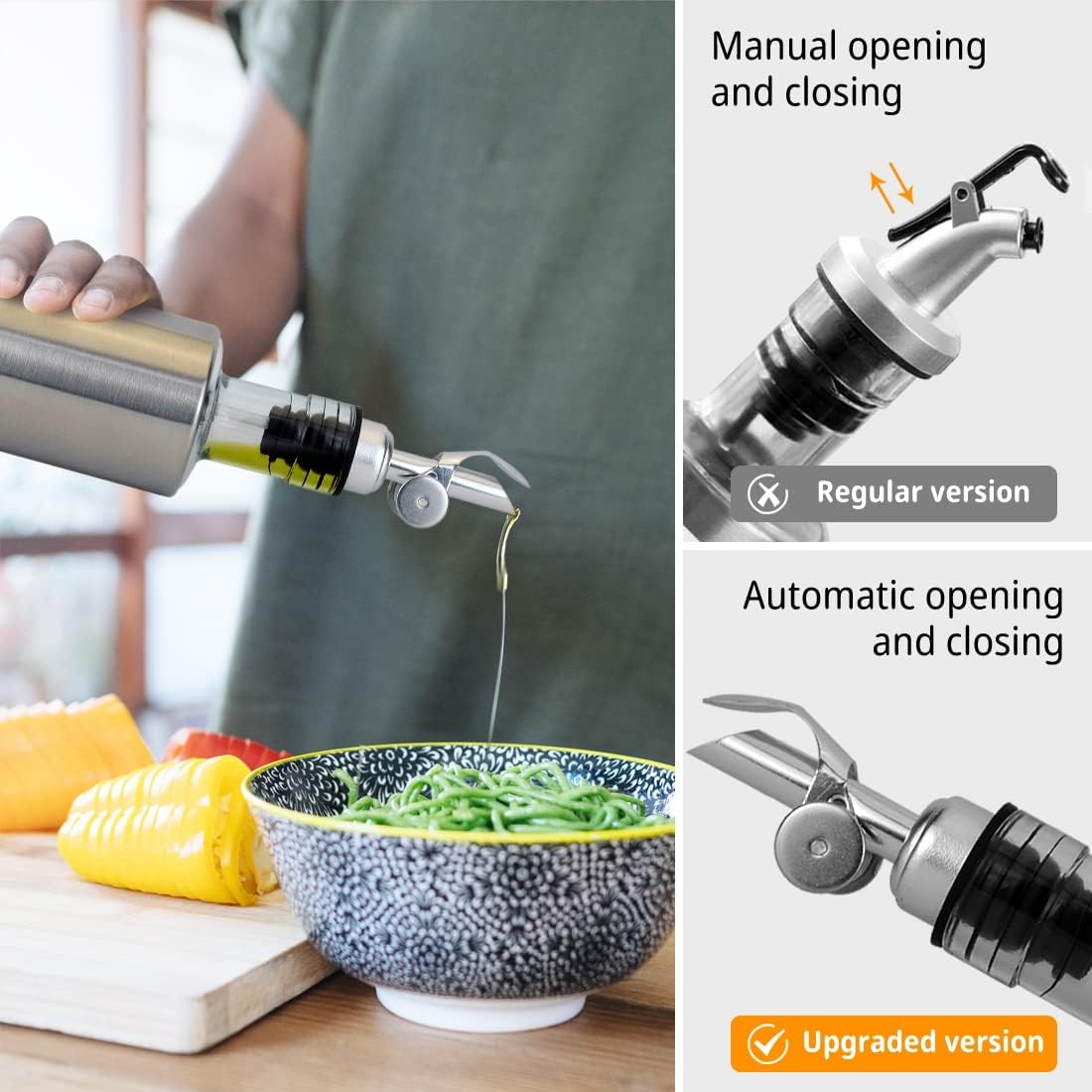 MEETSWEET Automatic Stainless Steel Pour Spout, Leak-Proof for Olive Oil, Vinegar, Wine and Other Liquids (Green)