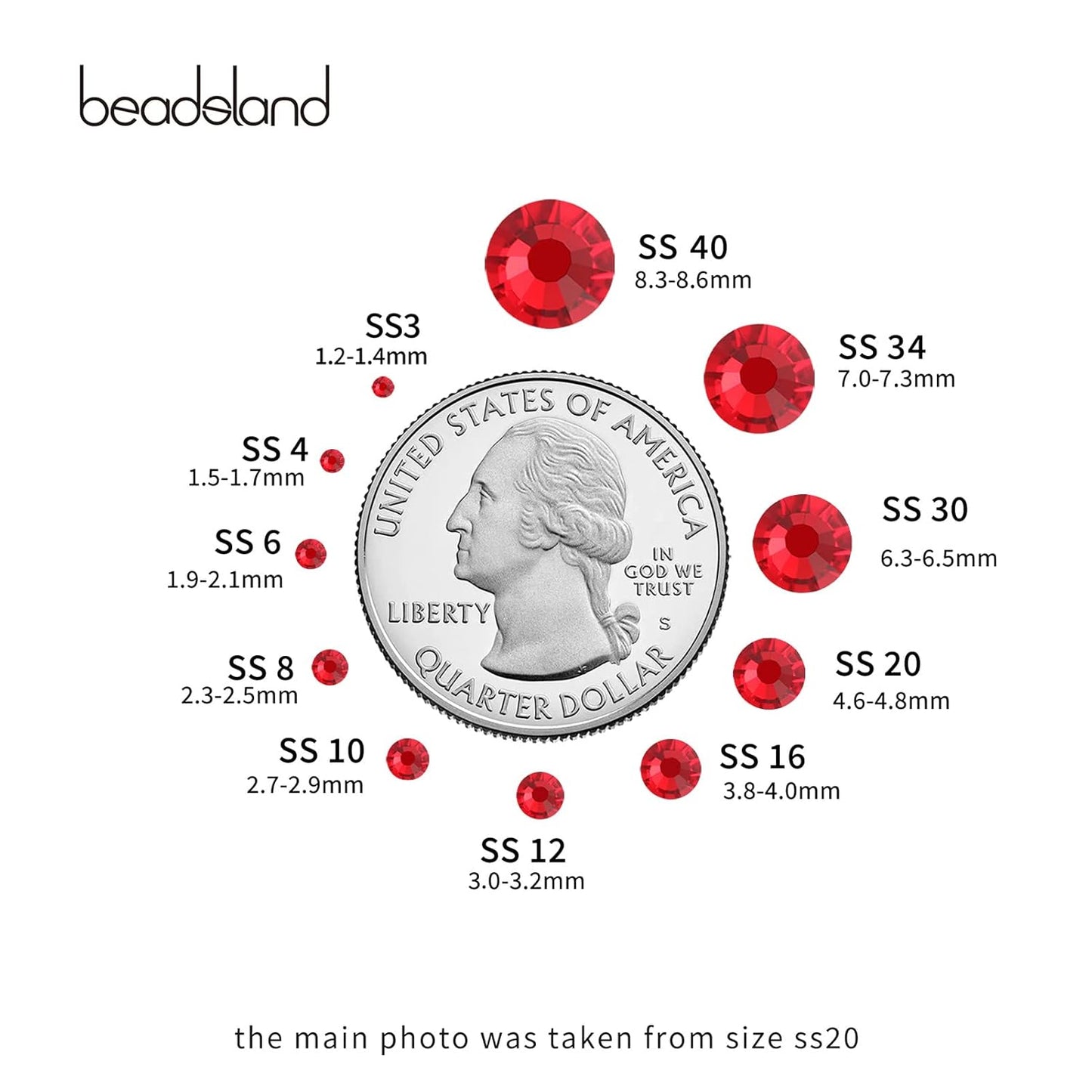 Beadsland 288pcs Flat Back Crystal Rhinestones Round Gems for Nail Art and Craft Glue Fix,Light Siam,SS34,7.1-7.3mm