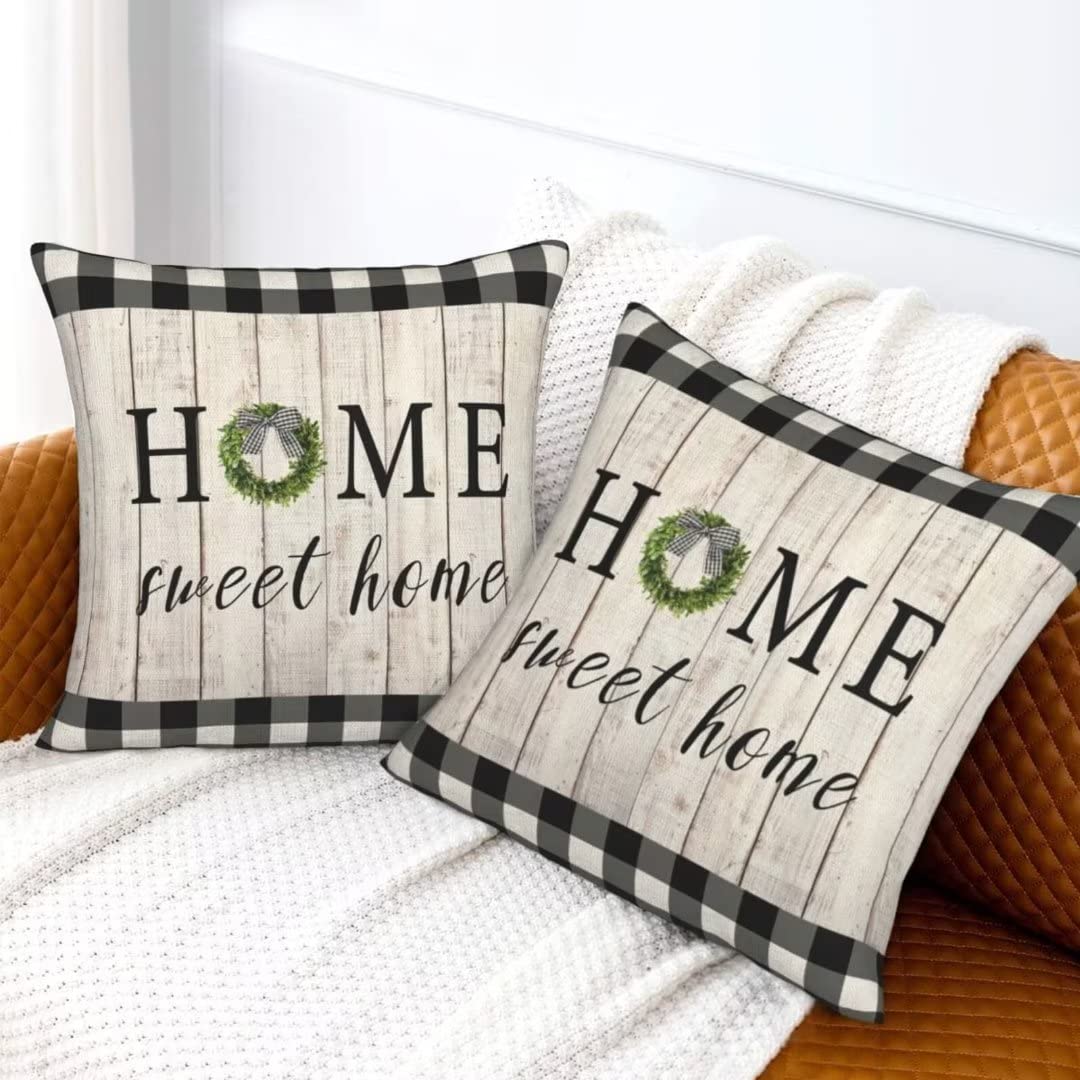 Sunshineyan Spring Pillow Cover 20x20 Set of 2, Rustic Buffalo Plaids Wood Home Sweet Home Throw Pillow Covers Spring Wreath Farmhouse Decorative Linen Cushion Cases for Home Sofa Outdoor Decor