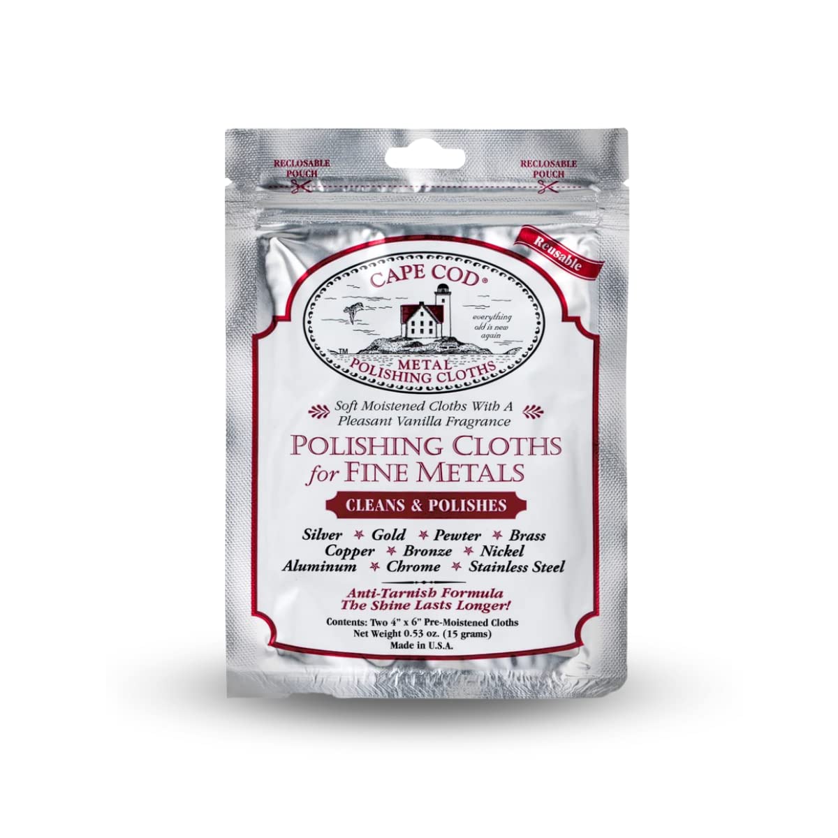 Cape Cod Polishing Cloths for Fine Metals | Jewelry Cleaner and Tarnish Remover | Silver Polishing to a Brilliant Shine | Foil Pack of (2) 4x6 Cloths