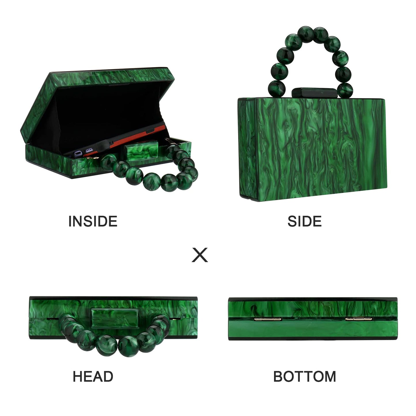 Acrylic Purses Evening Clutch Bag Marbling Handbags for Women Cross Body Bag with Pearl Chain Formal Wedding Prom Party (Dark Green)