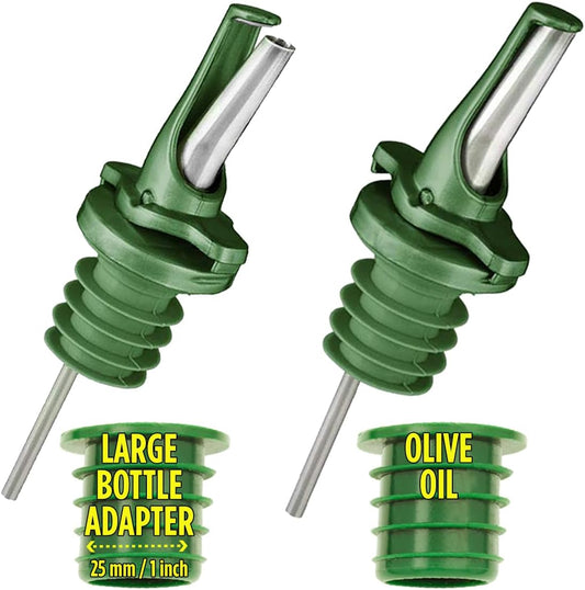 AIRTIGHT Olive Oil Pour Spout for Olive Oil Dispenser - UK Patented Oil Pourer - Hygienic One Handed Open Close Mechanism Keeps Oil Fresh. Dust Caps Cover | Screens Alternative - Green 2 PCs