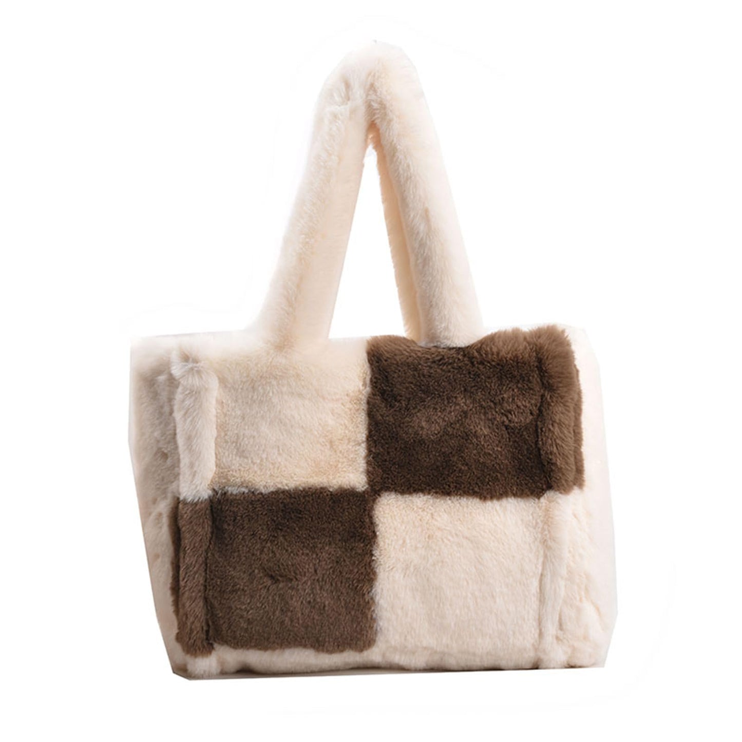 Extolove Fluffy Tote Bags Winter Furry Purse for Women Y2K Faux Fur Bag Fuzzy Shoulder Handbag (White with Coffee)