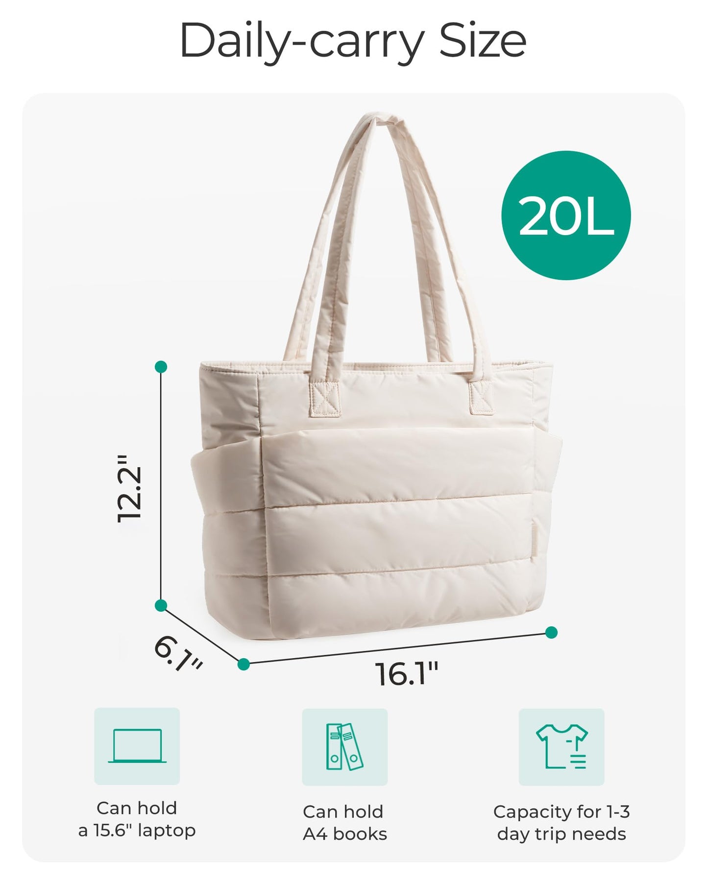 BAGSMART Tote Bag for Women, Lightweight Puffy Tote Bag with Compartments Shoulder Bag Handbag Quilted Shoulder Bag Handbag for Travel, Work, Beach, Gym, Shop(Beige)
