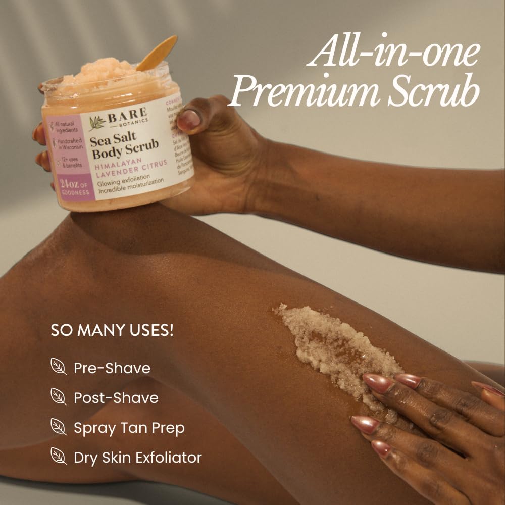 Bare Botanics Coconut Coffee Body Scrub 24oz | Made in Madison, WI | All Natural Sea Salt Exfoliator w/ Skin Loving Moisturizers | Vegan & Cruelty Free | Gift Ready Packaging w/ a Cute Wooden Spoon