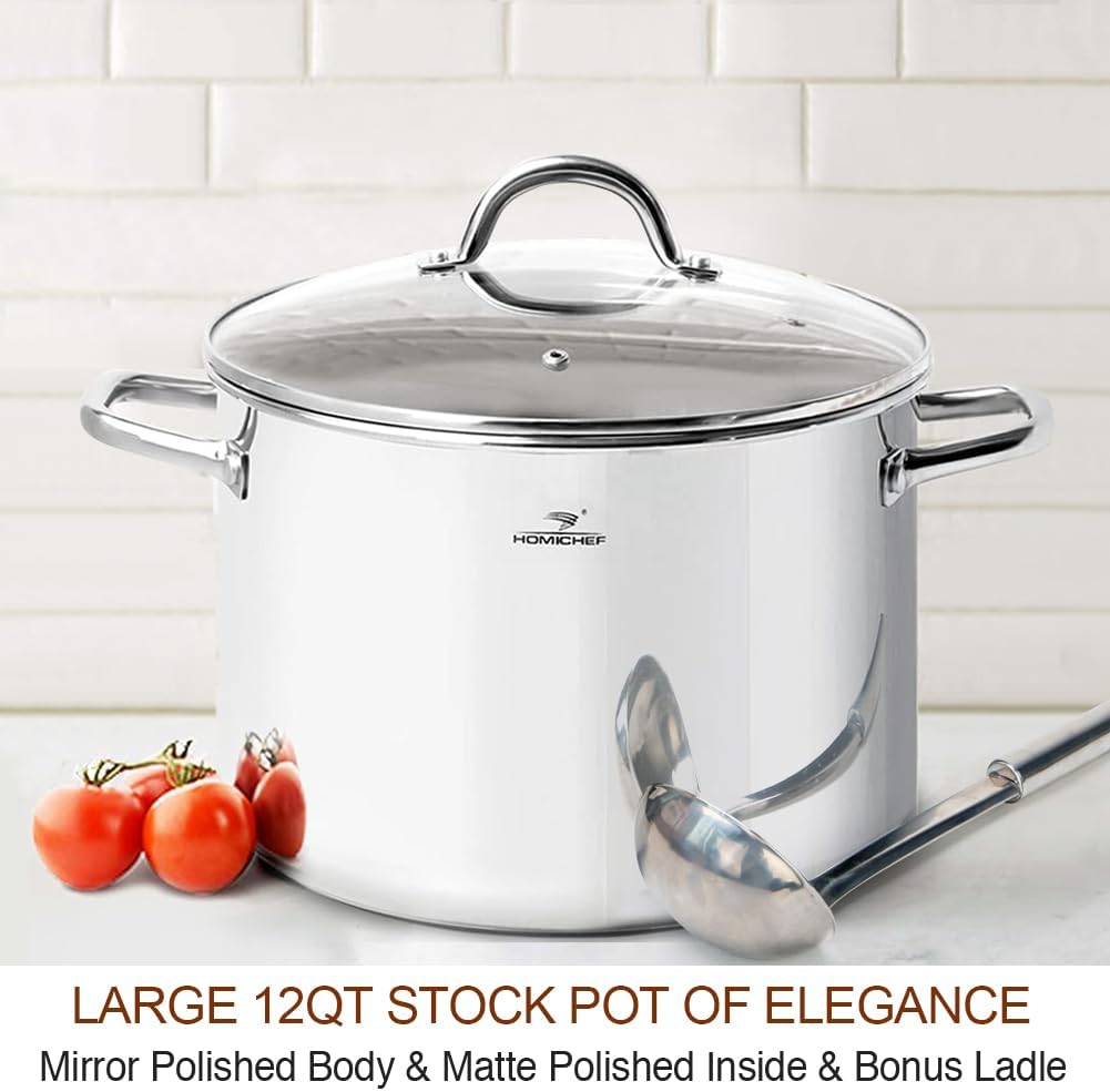 HOMICHEF 12 Quart LARGE Stock Pot with Glass Lid - NICKEL FREE Stainless Steel Healthy Cookware Stockpots with Lids 12 Quart - Mirror Polished Induction Pot - Commercial Grade Soup Cooking Pot