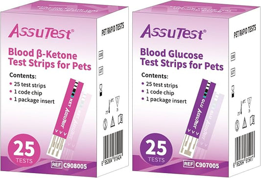 AssuTest® 25pcs Blood Glucose & 25pcs Blood Ketone Test Stips Combo for Pets Cats and Dogs Diabetic Ketoacidosis Testing Monitor Kit with 50 Lancets