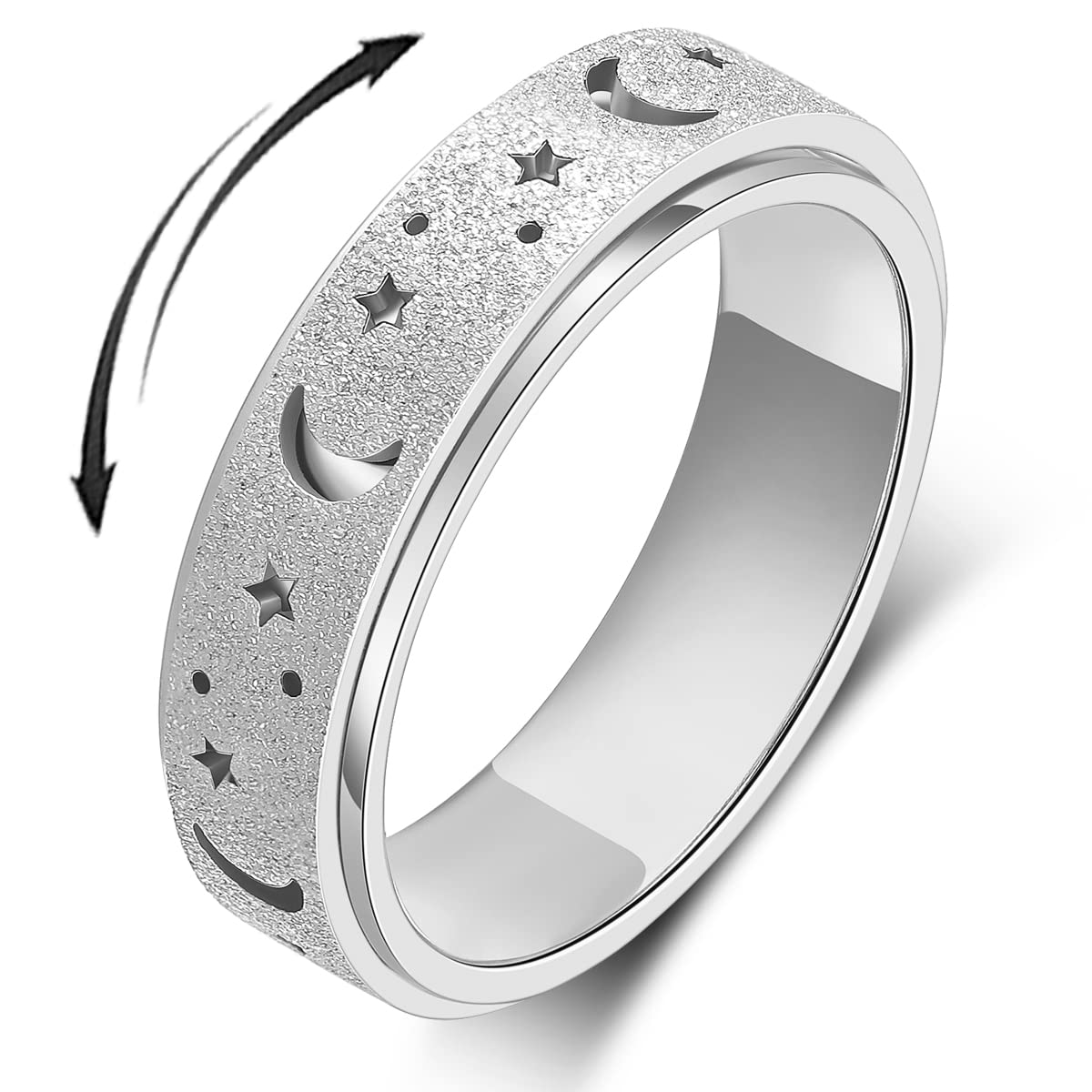 Anxiety Ring for Women Spinner Ring Fidget Ring Fidget Toys Adults Thumb Spinner Rings for Men Stainless Steel Moon Star Rainbow Size 9