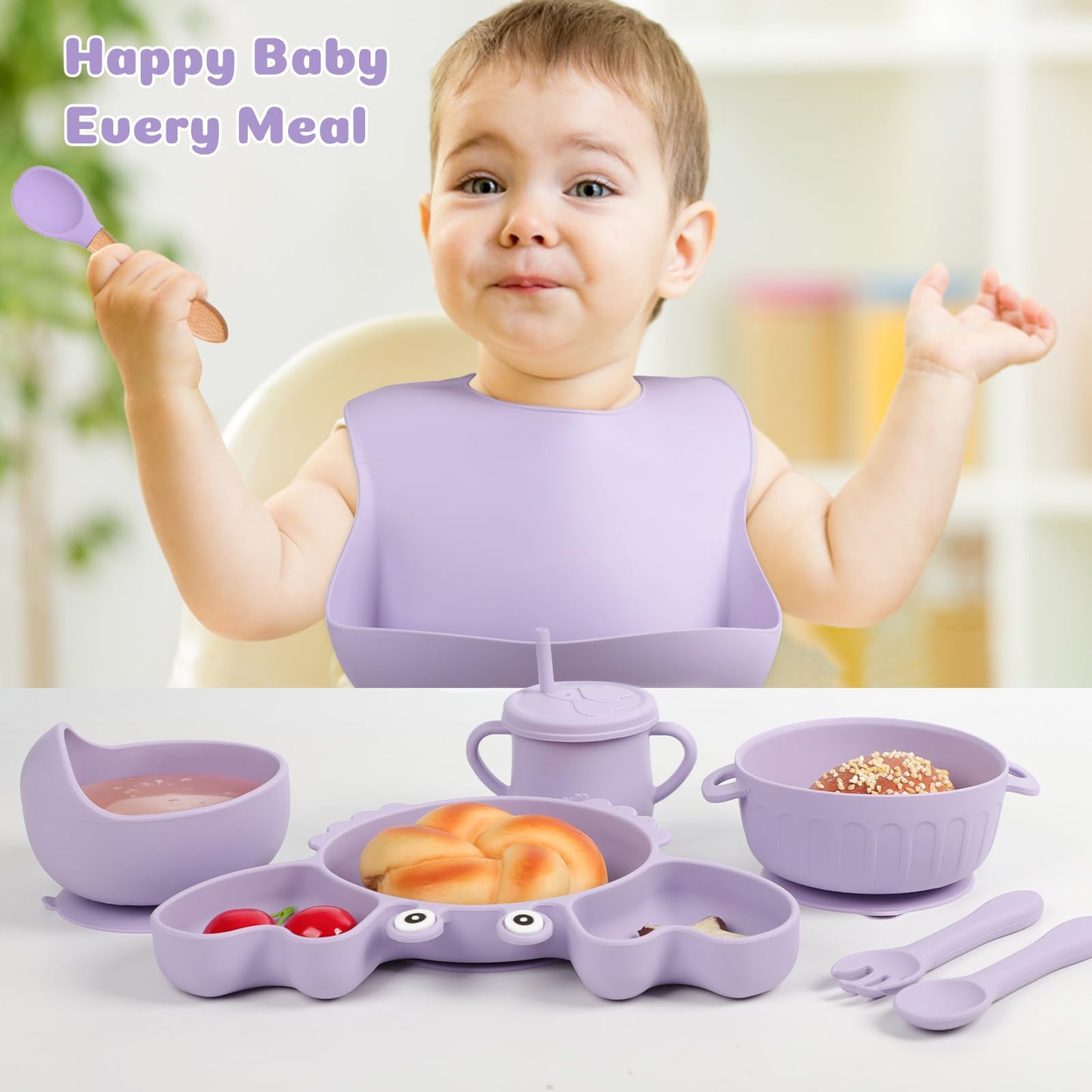 mraisebossup Silicone Baby Feeding Set 15 Pcs，Baby Spoons Suction Bowl Divided Plate Bib Cup Finger Brush Teething Teether Training cups,Baby Led Weaning Supplies（purple）
