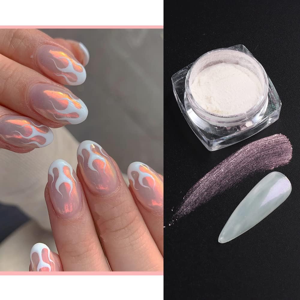 Pearl Chrome Nail Powder Set - 6 Colors Aurora Powder Mermaid Effect for Nails Iridescent Nail Glitter Shimmer White Rubbing Dust Nail Pigment Set Manicure Nail Art Decorations (Y451-459)