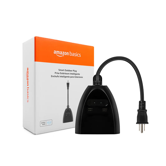 Amazon Basics Outdoor Smart Plug with 2 Individually Controlled Outlets, Works with Alexa Only, 2.4 GHz Wi-Fi, No Hub Required, Black