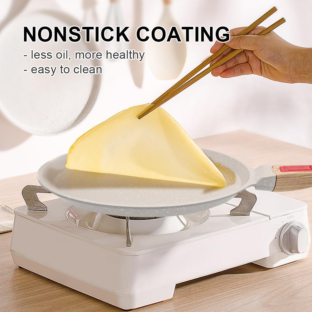 Non Stick Crepe Pan with Detachable Handle, 8 Inch Cast Aluminium Dosa Tawa Tortilla Pan, Pancake Pan Induction Compatible - White