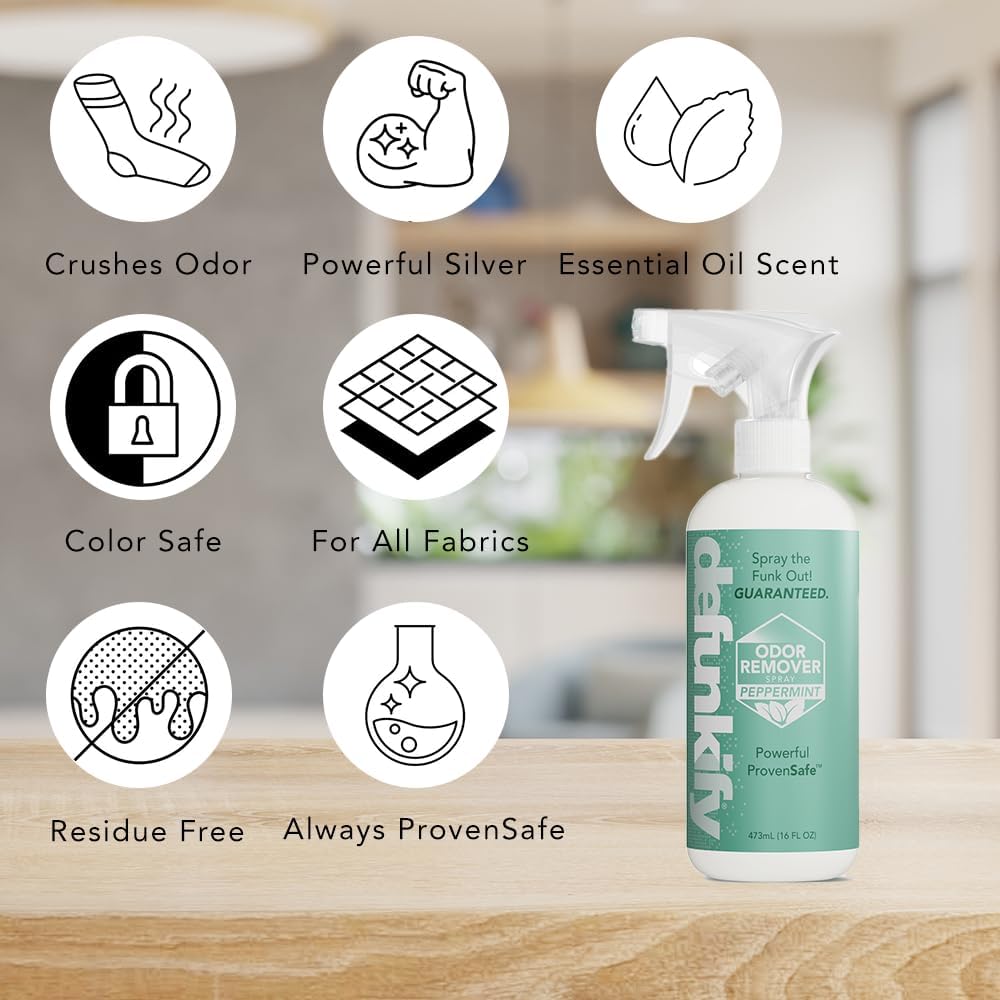 Odor Remover Spray, 16oz (2-Pack). 'Peppermint' Essential Oil Odor Eliminator for Strong Odors on Fabric, Shoes, Activewear. 'ProvenSafe' Deodorizer for Pets, Kids & Sensitive Gear w/Ionic Silver