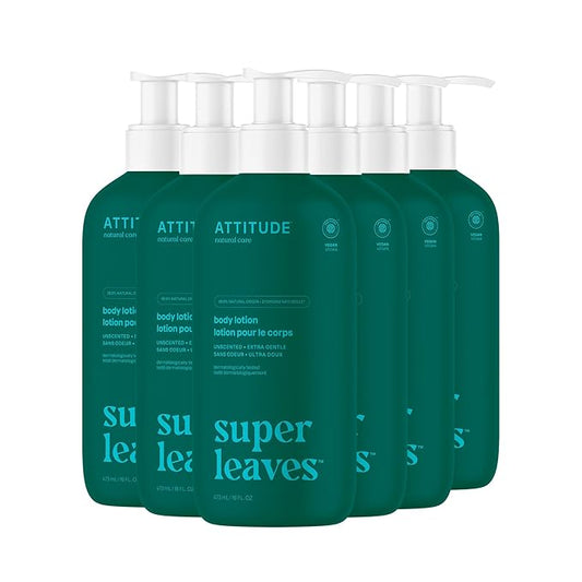 ATTITUDE Body Lotion, EWG Verified Moisturizer, Vegan Skin Care Products, Non-Greasy, Hydrating for Dry Skin, Cruelty Free, Extra Gentle, Unscented, 16 Fl Oz (Pack of 6)