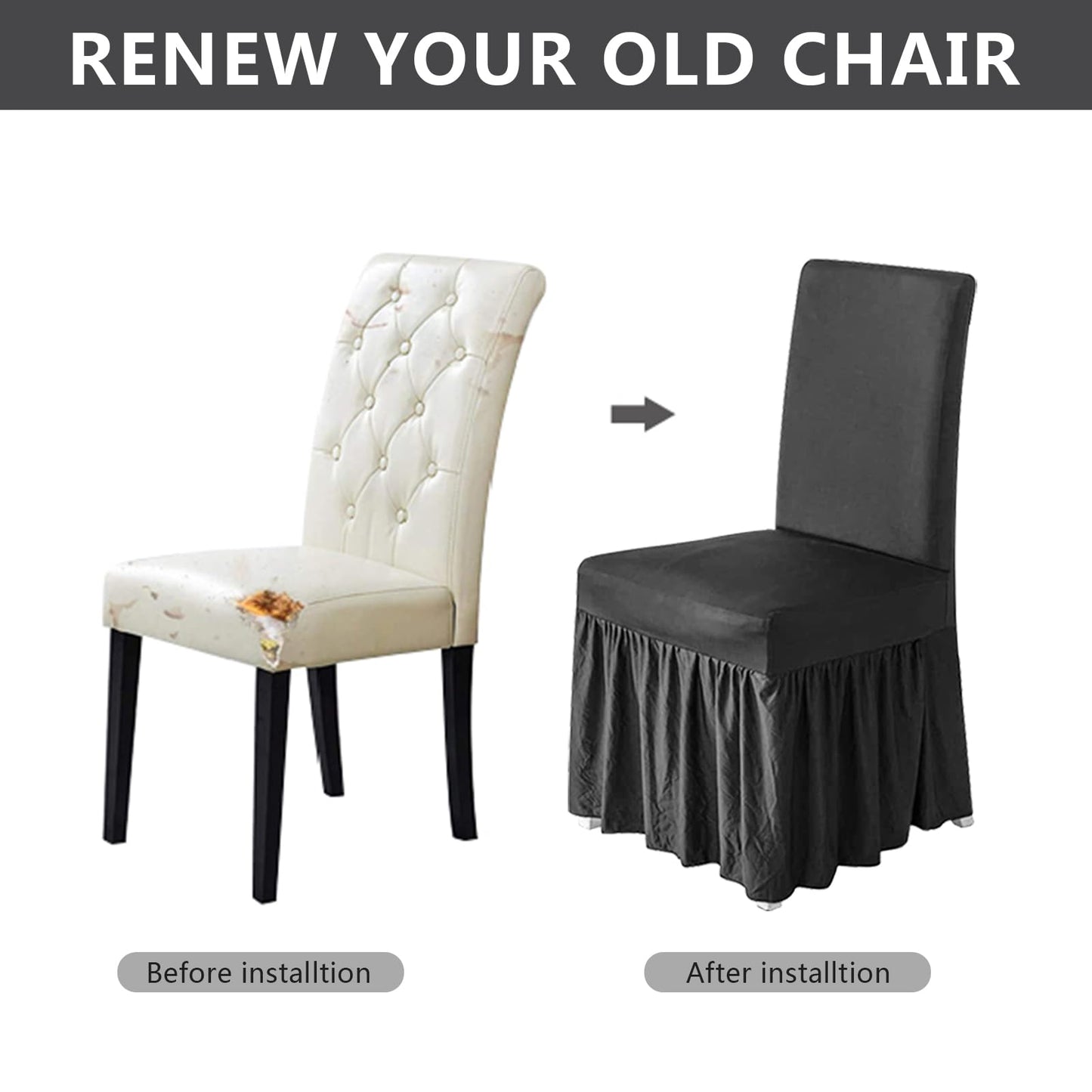 molasofa Chair Covers for Dining Room Set of 4 Stretch Chair Slipcovers with Skirt for Kitchen Seat Protectors Wedding Banquet Decor Kids Pets Spandex Fabric Washable (4pcs, Dark Grey)