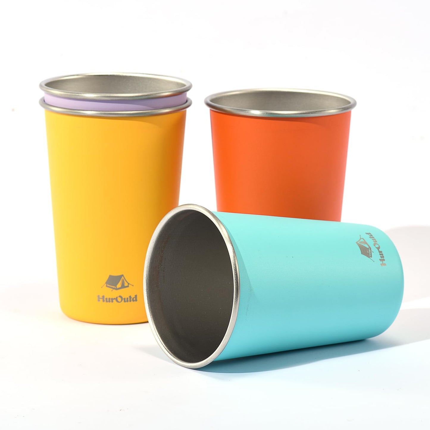 HurOutd 4 Pack Stainless Steel Cups 16oz - Colorful Stackable Metal Drinking Glasses for Camping, Travel, Shatterproof Tumblers