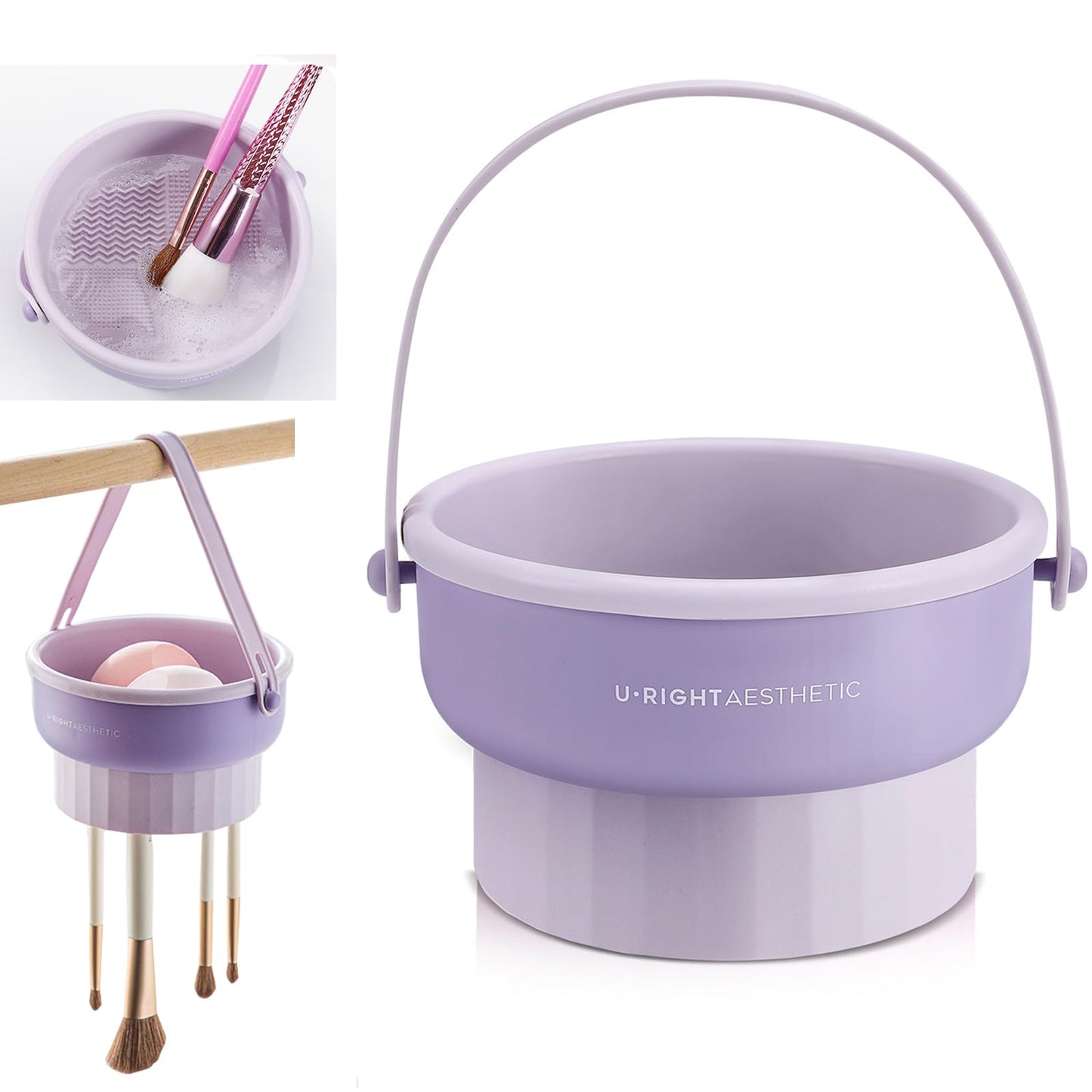 UPTOZOBLY 3 in 1 Brush Cleaning Mat with Brush Drying Holder, Silicone Makeup Brush Cleaner Mat Make Up Brush Cleaning Bowl Cosmetic Brush Washing Tool for Makeup Brush, Sponge, Powder Puff (Purple)