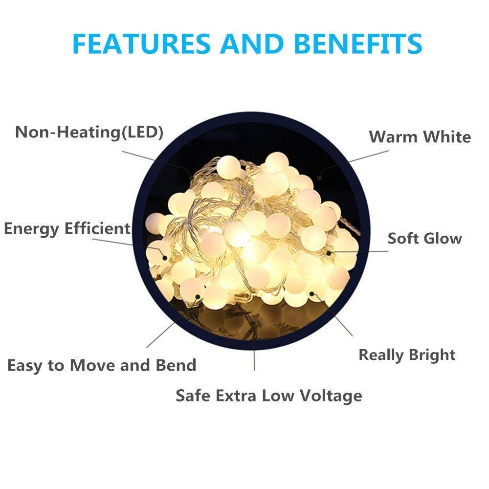 RaThun Globe String Lights 49 Feet 100 led,8 Modes Fairy Plug in Indoor String Lights for Bedroom,Classroom,Outdoor, Patio,Garden,Party,Wedding-Warm White
