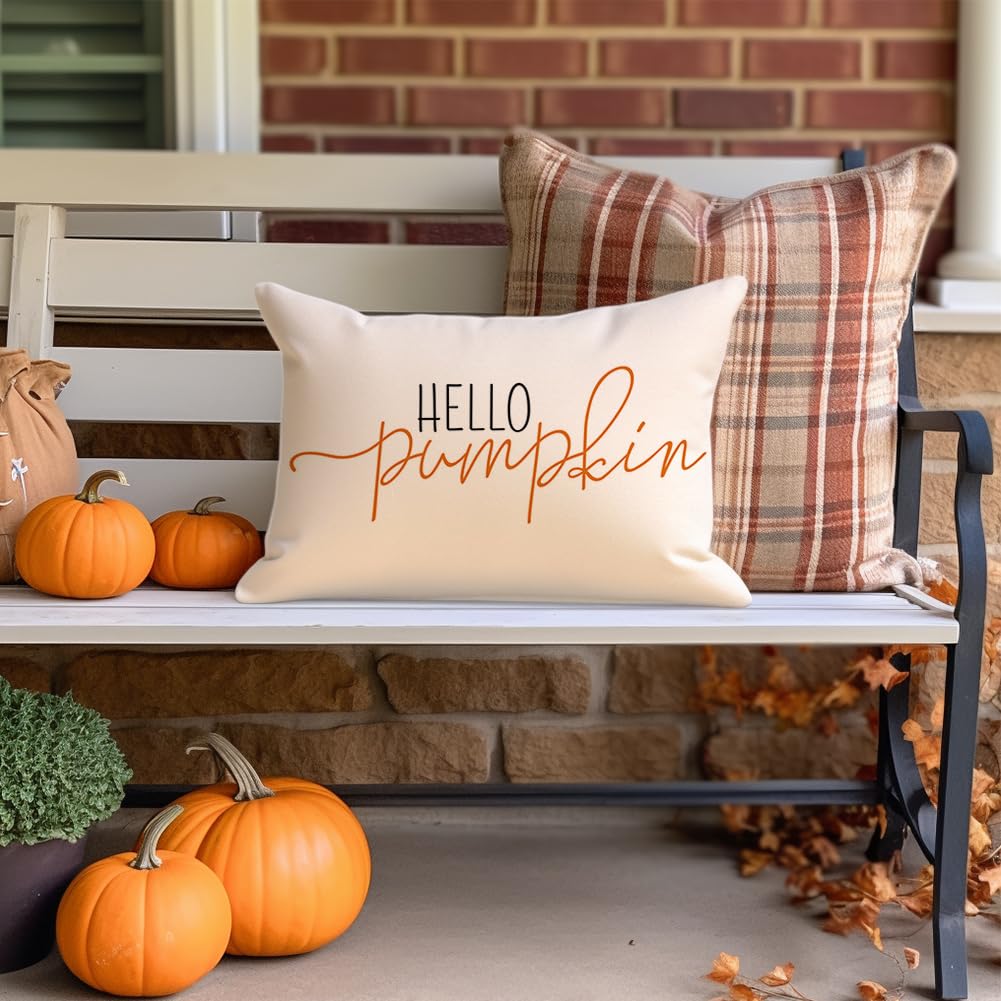 RABUSOFA Fall Pillow Covers 12x20 Inch,Autumn Hello Pumpkin Pillows Decorative Throw Pillows,Lumbar Outdoor Thanksgiving Cushion Cover Farmhosue Fall Decor for Bedroom Couch Sofa White
