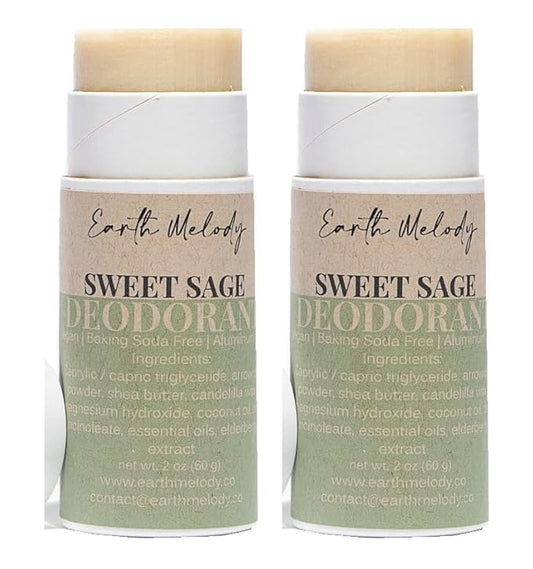 Earth Melody Natural Deodorant Baking Soda Aluminum Free - 24 Hour Odor Protection Plastic-free package, Set of 2 Sweet Sage Scented - NEW PACKAGING AND SIZE UPGRADE