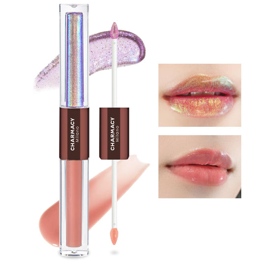 CHARMACY 2 In 1 Multichrome Moisturizing Lip Gloss, Double Head Liquid Lipstick, Mirror Waterproof Long Lasting No Fading Lip Balm, Hydrating Lip Plumper Waterlight Glossy Makeup #001