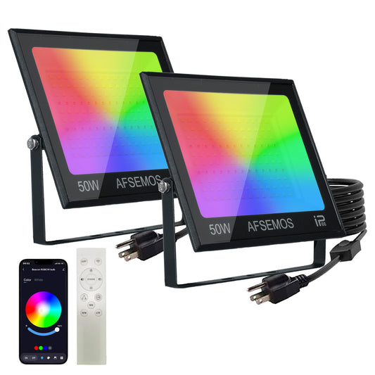 AFSEMOS 50W LED RGB Flood Lights,Color Changing Light with Dimmable RGB Light IP66 Waterproof Indoor, Outdoor Smart Lights APP and Remote Control, DIY Flash Mode for Christmas,Party, 50W RGB