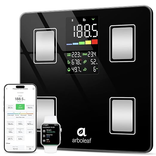 Arboleaf Smart Scale with BMI, Body Fat, Muscle Mass, Digital Bathroom Scale for Body Weight, 14 Body Composition Metrics, Large LED Display, Accurate Weighing Machine, App Sync, 400lbs, 11"
