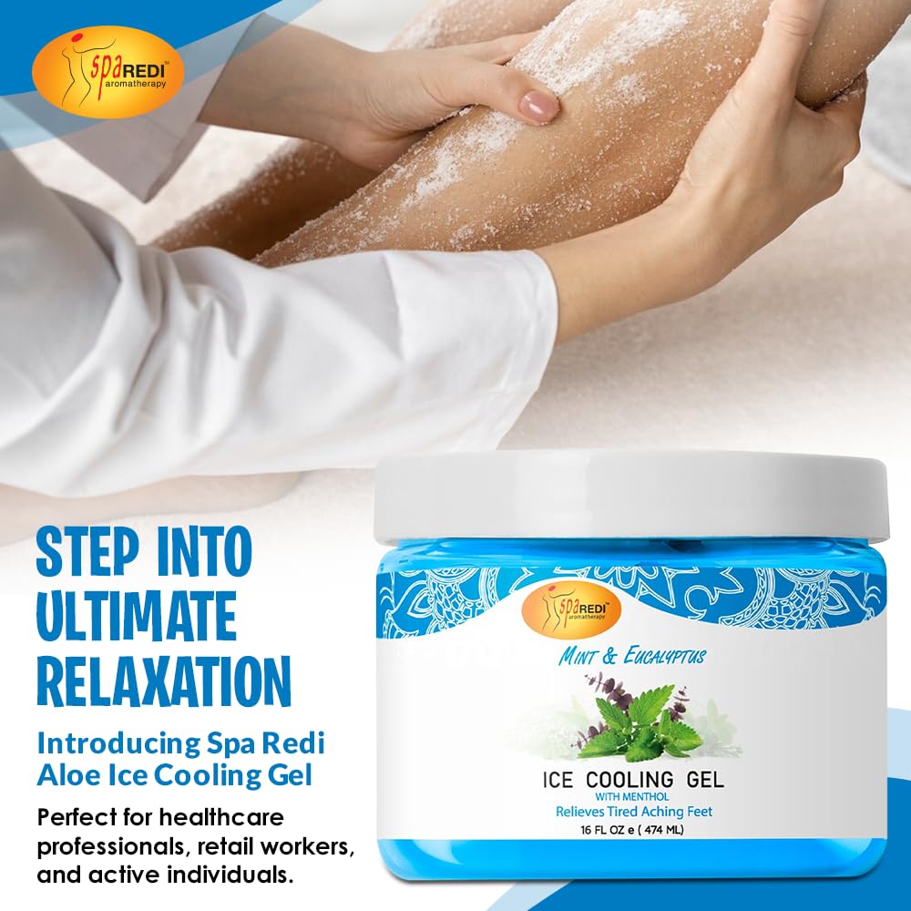 SPA REDI - Massage Cooling Gel for Pedicure, Mint and Eucalyptus Oil with Menthol 16 Oz, Peppermint Extract - Professional Strength Pedicure Foot and Leg Ice Cooling Gel Massage Therapy,