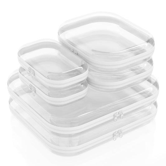 Clear Hard Shell Zipper Case 6 Pack, Clear Travel Makeup Case, Toiletry & Cosmetic Bag, Zippered Toy Storage, Make Up Organizer Pouch, Hard Plastic Toiletry Bag for Travel, 2x 14" 2x 10" 2x 8"