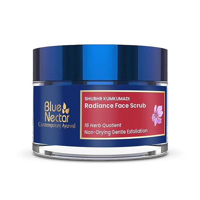 Blue Nectar Saffron Face Scrub for Glowing Skin by Exfoliating Face Scrub | Gentle Ayurvedic Kumkumadi Oil Tan Remover for Refreshing Sun-exposed Skin (16 Herbs, 1.7 Oz)