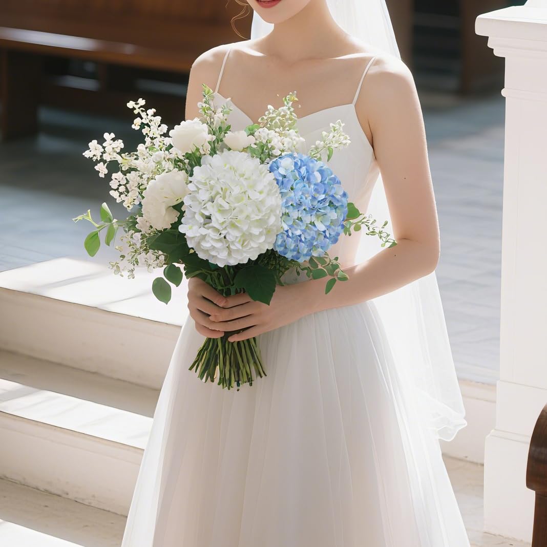 NMAIYA White Hydrangea Artificial Flowers 4Pcs 26" Large Faux Hydrangeas Outdoor Lifelike Silk Flowers with Long Stem Wedding Flower Bouquet Centerpieces for Table Party Home Decoration Indoor