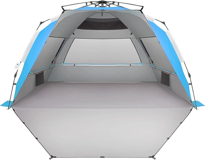 Oileus XX-Large Beach Tent Sun Shelter for 5-6 Person Portable Sun Shade Instant Pop Up Tent for Beach with Carrying Bag, Stakes, 6 Sand Pockets, Anti UV for Fishing Hiking Camping Blue