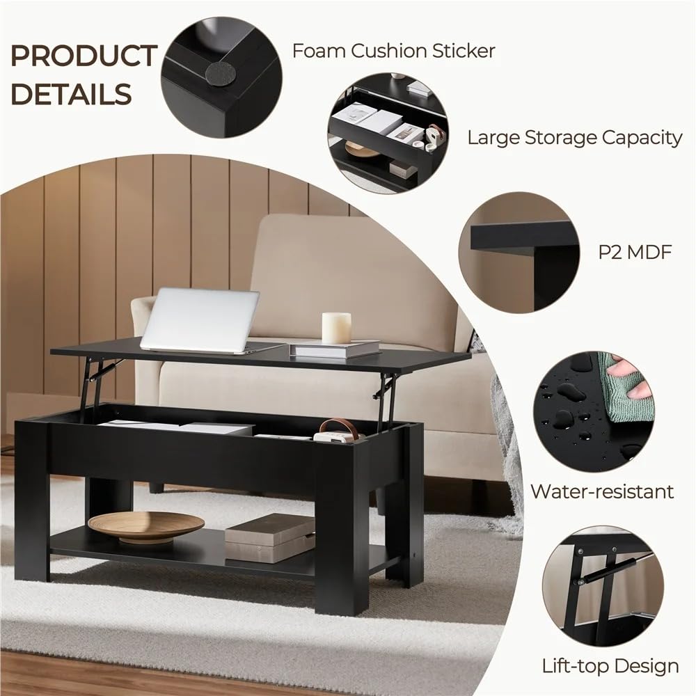 Coffee Table with Lift Top, Lift Table Dining Center Table with Lower Shelf, Modern Wooden Coffee Table for Living Room, Study, Office, Small Space (Black)