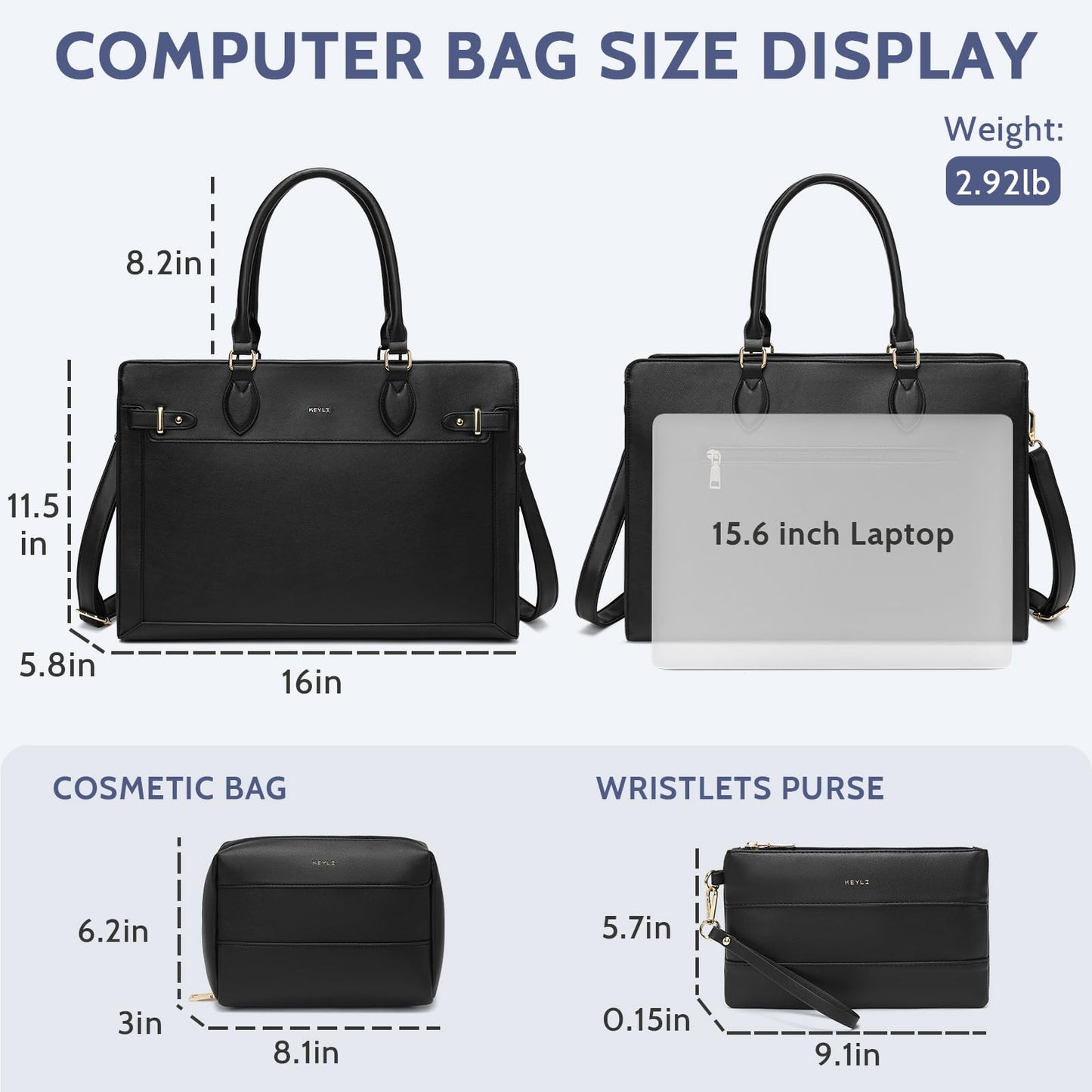 Keyli 3pc Sets Laptop Tote Bag for Women 15.6 Inch Work Bag Business Computer Briefcase Waterproof Leather Laptop Purses Casual Shoulder Handbag Messenger Bags for Travel Teacher Office Black
