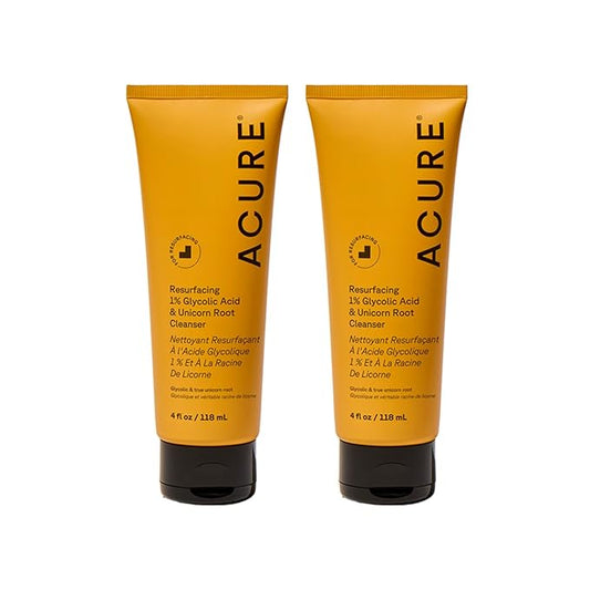 Acure Resurfacing 1% Glycolic Acid & Unicorn Root Cleanser - Exfoliating Face Wash, Glycolic Acid Cleanser for Face, Brightening Anti Aging Cream to Foam, Sulfate Free, Vegan - 4 fl oz (2 Pack)