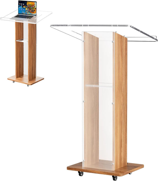 Acrylic Podium Stand, Ultra Clear 43'' Pulpits for Churches with 15 Color Adjustable, Modern Lectern with Storage Sheld for Church,Conference,Speech, 23.62”x 15.75”X 43.3” (Style 1)