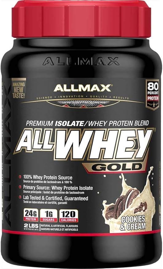 ALLMAX Nutrition Gold ALLWHEY, Cookies & Cream - 2 lb - 24 Grams of Protein Per Scoop - Gluten Free, Low Carb & Low Sugar - Approx. 30 Servings