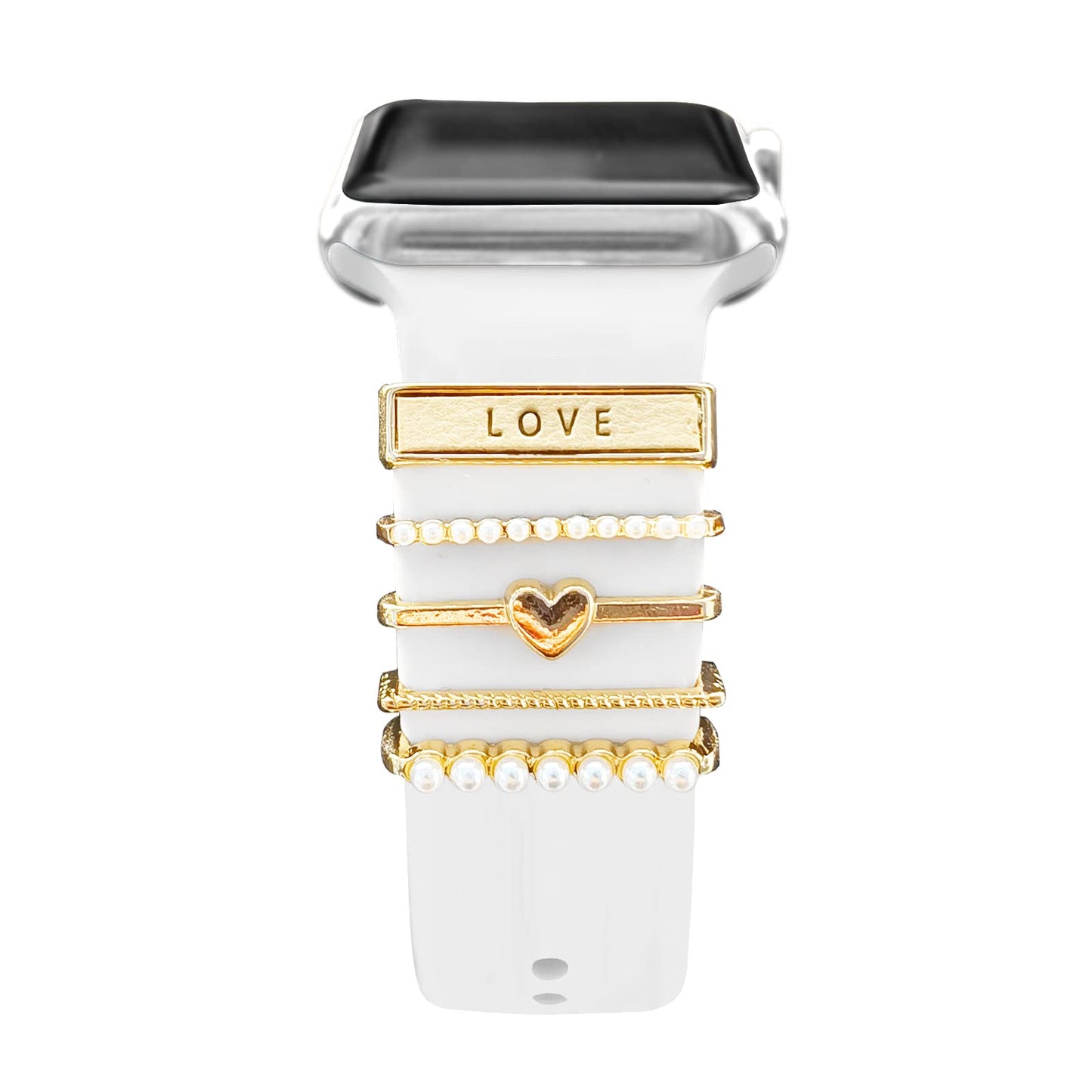 5Pcs Charms for Apple Watch band 41mm 45mm 40mm 44mm 38mm 42mm 46mm 49 Women,Diamond+Metal Jewelry Decorative Ring For iWatch series 10 9 8 7 6 5 4 3 se,Galaxy watch 7/6/5/4,Silicone strap Accessories