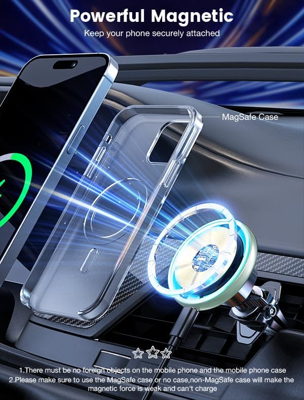 MOKPR for Magsafe Car Mount Charger-15W Wireless Car Charger-Magnetic Car Phone Holder for Dash Air Vent-LED RGB HandsFree Car Mount Fast Car Charger for iPhone 16 15/14/13/12 Series Green