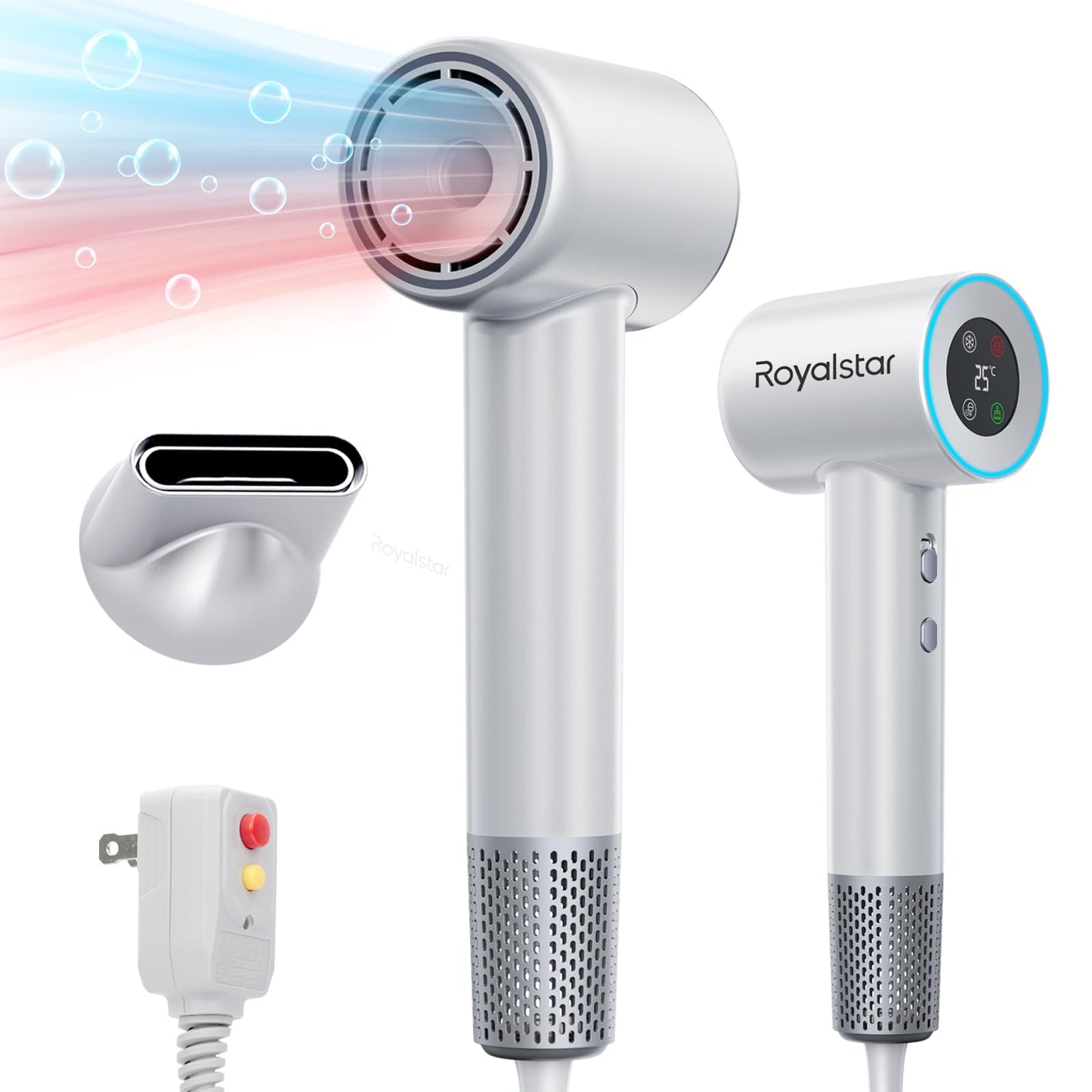 Hair Dryer, 180000 RPM Professional High Speed Blow Dryer Negative Ionic Care Hair Dryer for Fast Drying, Low Noise, HD Display Hairdryer for Curly Straightener, Thermo-Control Hairdryer with Nozzle