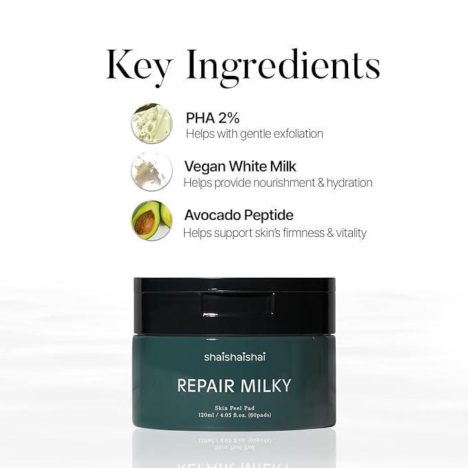 shaishaishai REPAIR MILKY Skin Peel Toner Pads, Gentle Exfoliating Toner Pads with PHA 2% & Vegan Formula, Rice Toner, Prequel Skincare, Korean Skincare, 60 pads