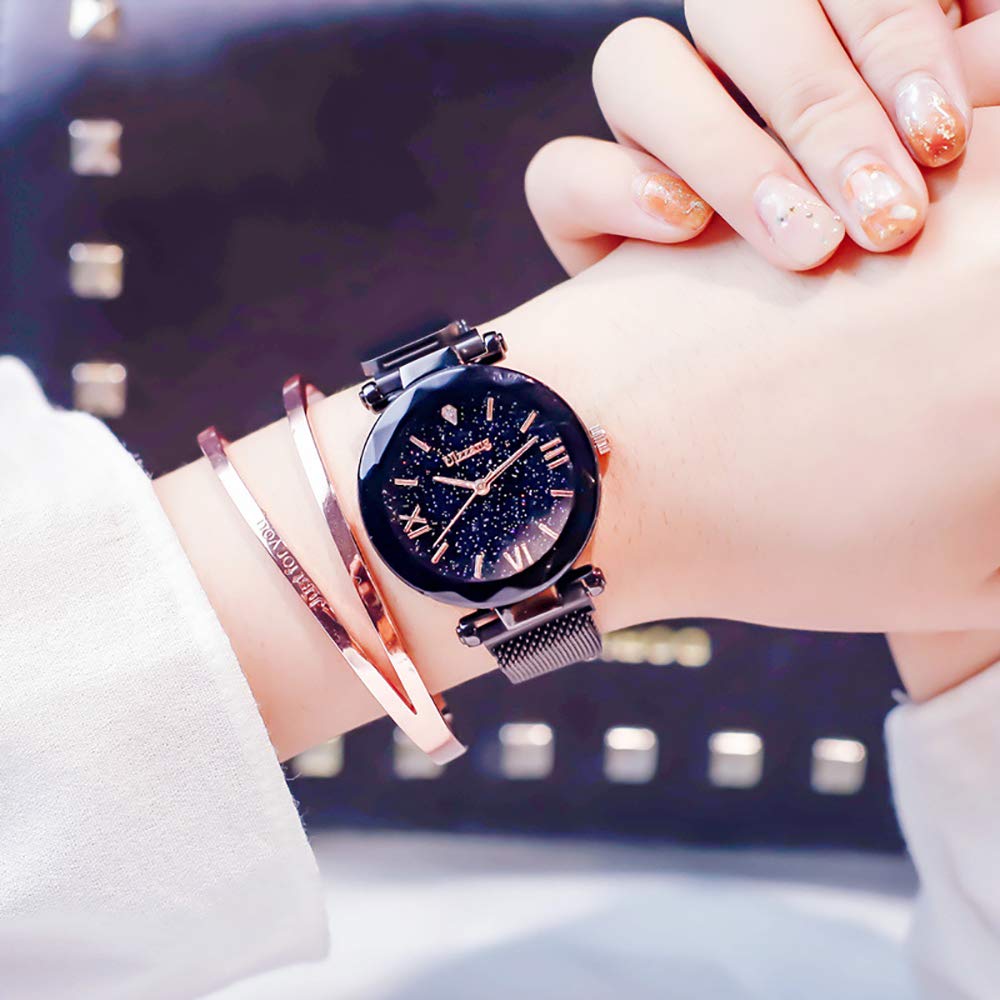 FUNGORGT Fashion Black Ladies Watch Magnetic Mesh Band Starry Sky Dial Analogue Quartz Wrist Watch for-Valentine's Day Gifts