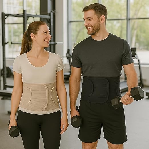 ORTONYX Ergonomic Abdominal Binder Waist and Lower Back Support Belt, Back Brace for Women & Men - Breathable, Elastic, With Extra Band - Beige XXL