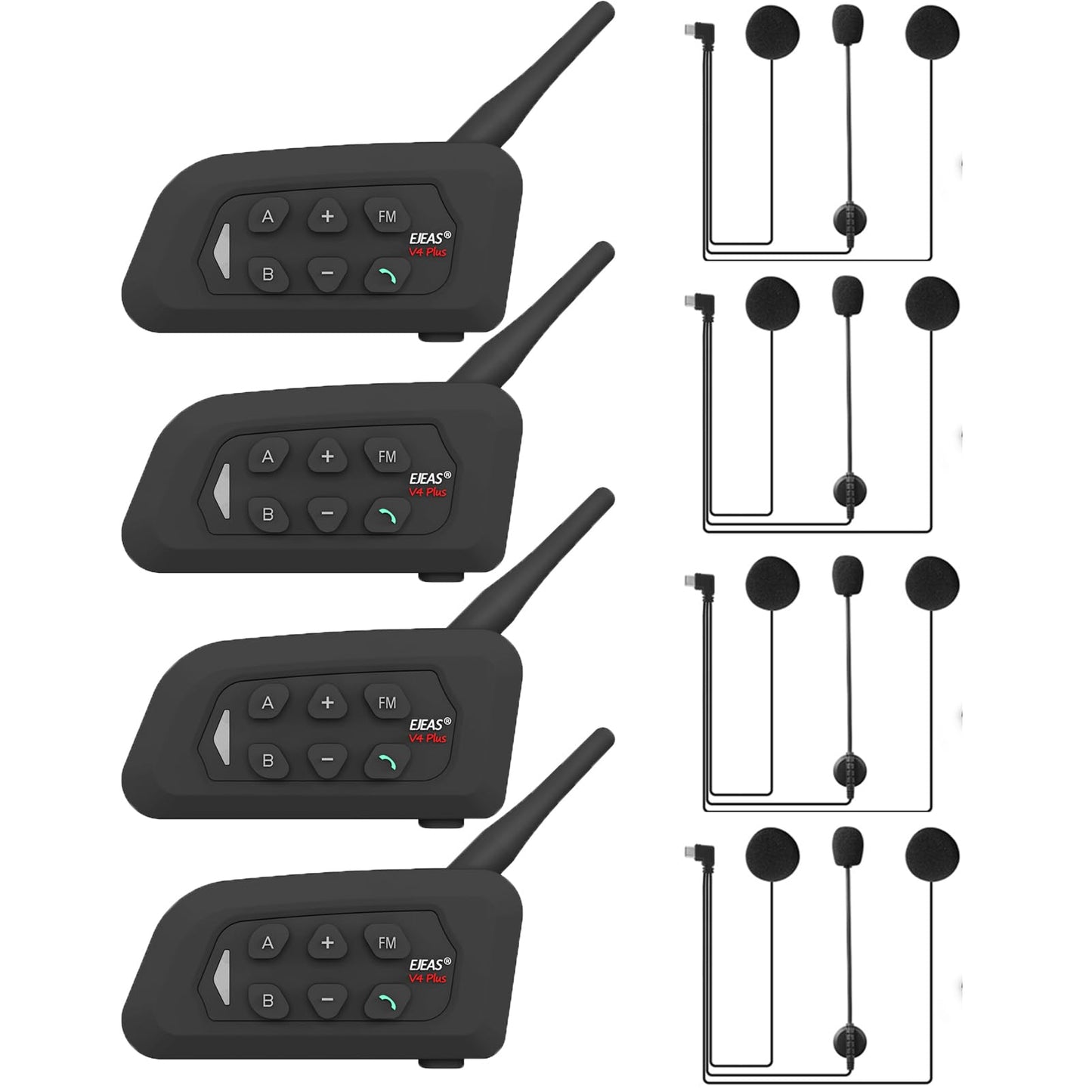 MIMIRACLE V4 Plus Motorcycle Helmet Bluetooth Intercom Headset, Up to 4 Riders 1500M IP65 Waterproof Motorbike Communication System for Skiing/ATV/Off Road -4 Pack