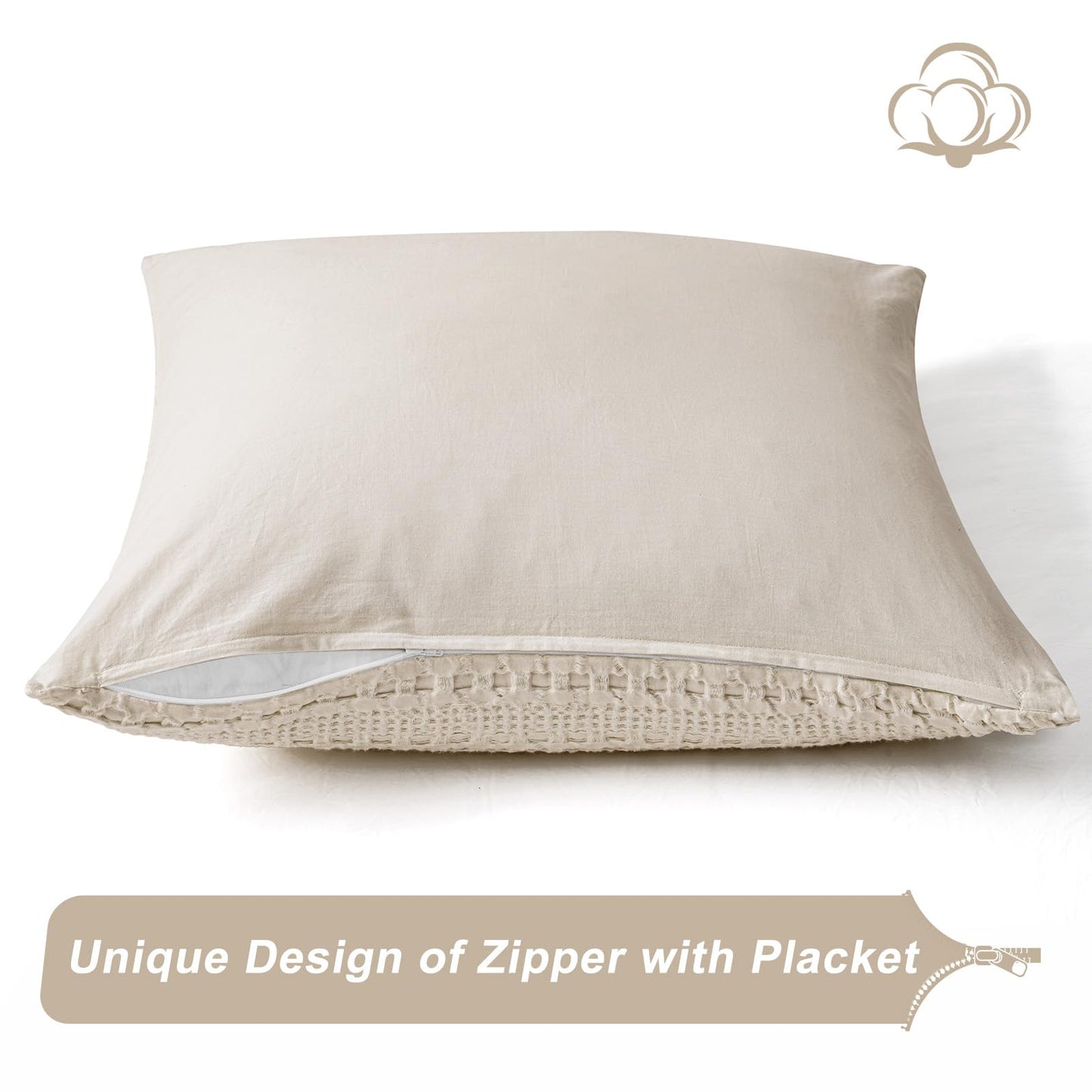 PHF 100% Cotton Waffle Weave Euro Sham Covers, 2 Pack 26" x 26" Bed Pillow Covers for Elegant Home Decor, No Filling, Luxury Aesthetic Soft Euro Pillow Cases for Bed, Oatmeal