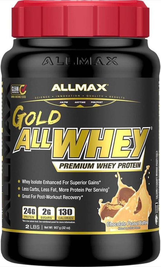 ALLMAX Nutrition Gold ALLWHEY, Chocolate Peanut Butter - 2 lb - 24 Grams of Protein Per Scoop - Gluten Free, Low Carb & Low Sugar - Approx. 30 Servings