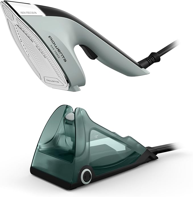 Rowenta, 2-in-1 Duo Force Iron and Steamer for Clothes, 1700W Steam Iron, Stainless Steel Soleplate, Ultra-lightweight, Detachable 13.5-oz Water Tank, 30s Heat-Up, Anti-Drip, Black & Green, JR4030